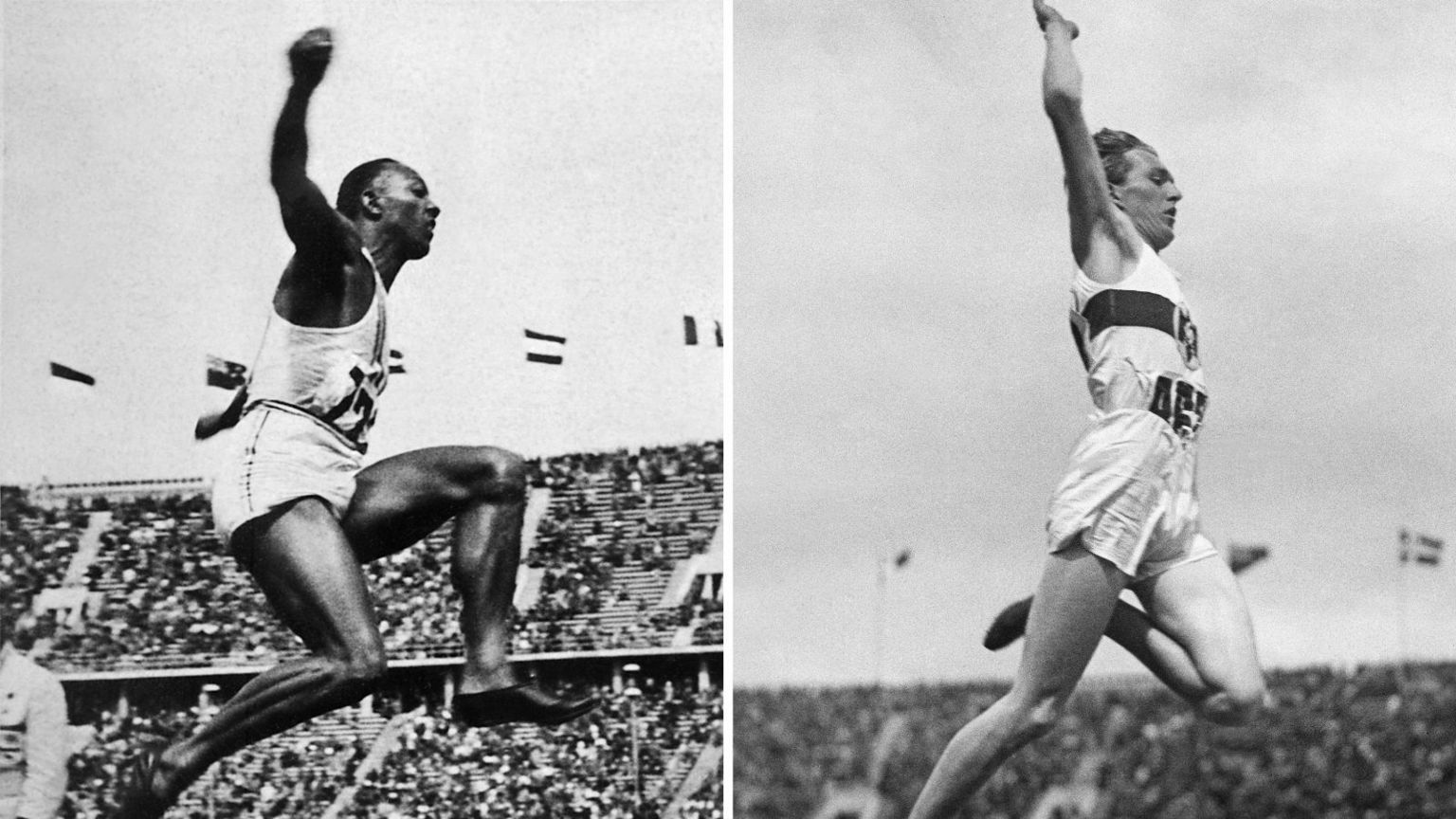 Jesse Owens, left, and Luz Long, competing in the long jump at the 1936 Olympics