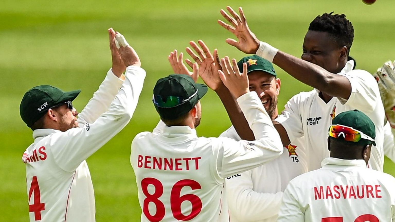 Blessing Muzarabani celebrates one of his three wickets on Friday