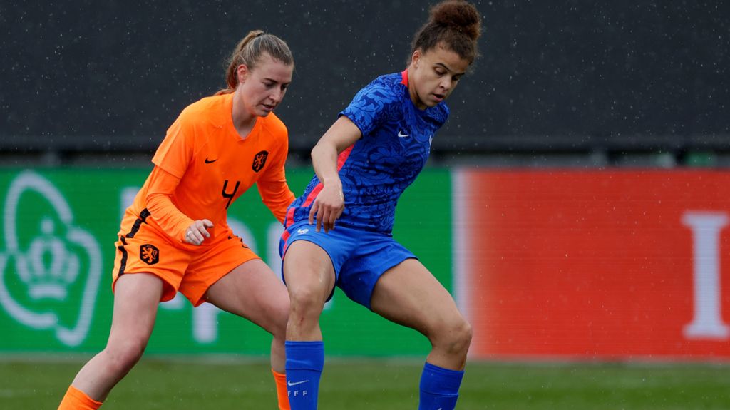 Noemie Mouchon (right) in action for France in an under-23 international against the Netherlands