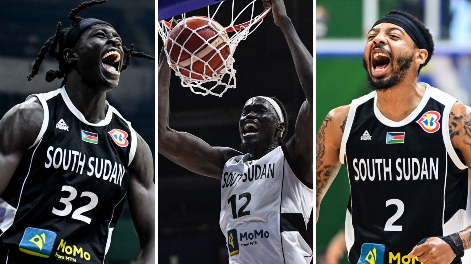 Wenyen Gabriel, Deng Acuoth and Carlik Jones react while playing for South Sudan