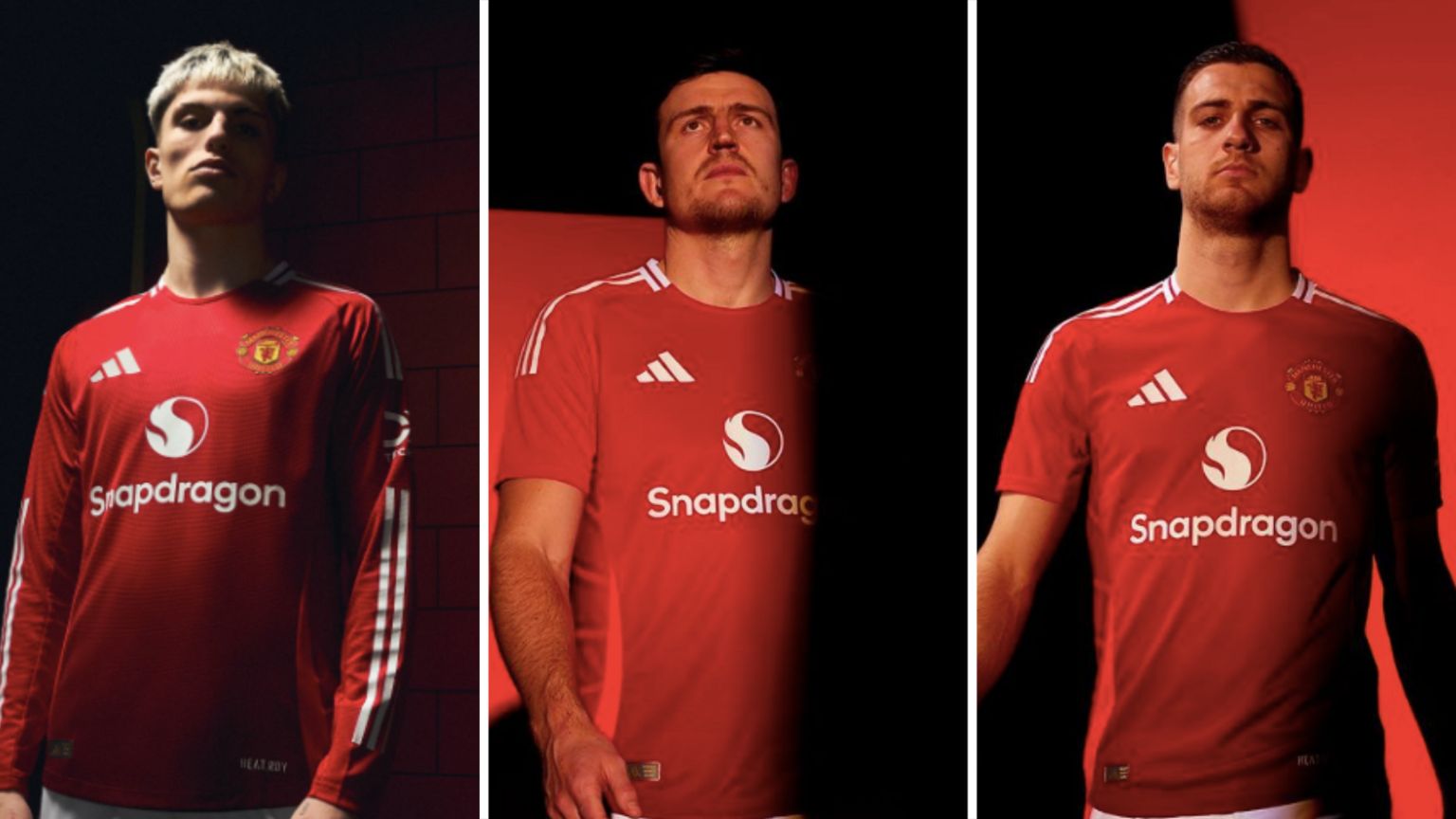 Alejandro Garnacho, Harry Maguire and Diogo Dalot model the new Manchester United home kit.