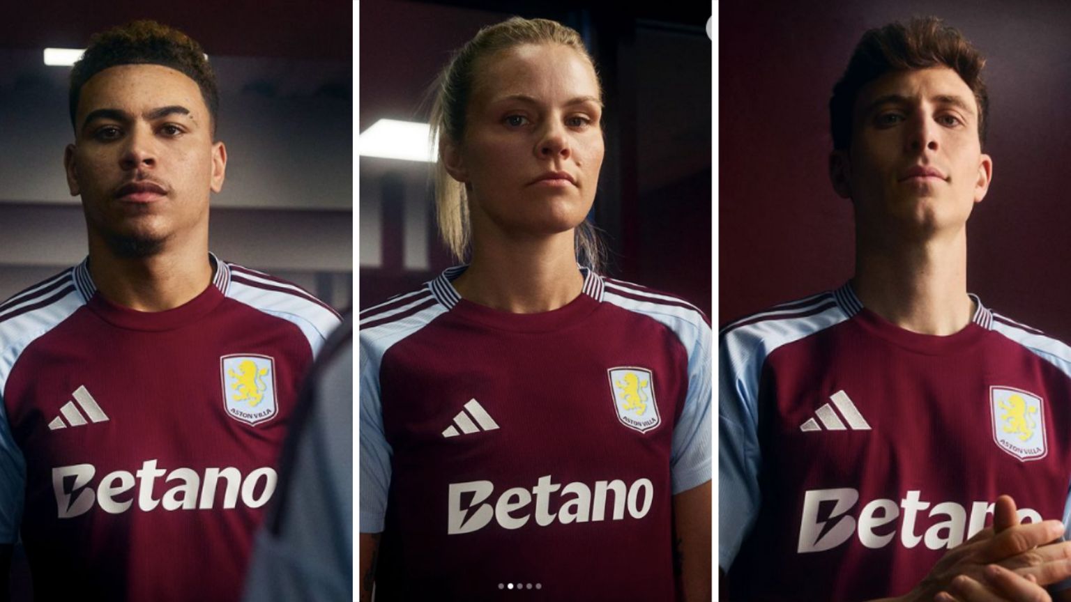 Morgan Rogers, Rachel Daly and Pau Torres model new Aston Villa home kit. 