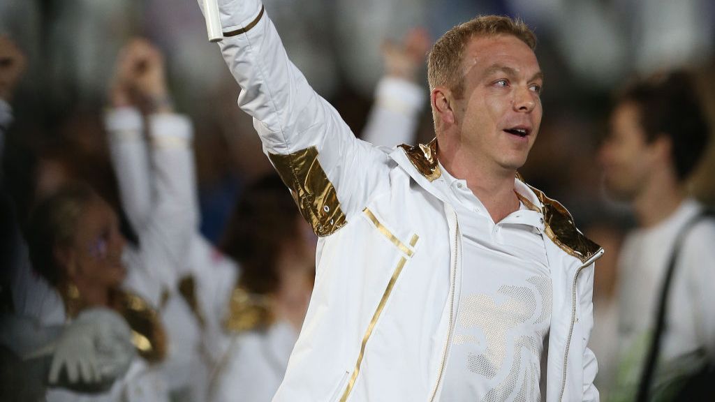 Sir Chris Hoy leading out Team GB at the London 2012 Olympic Games in white and gold attire