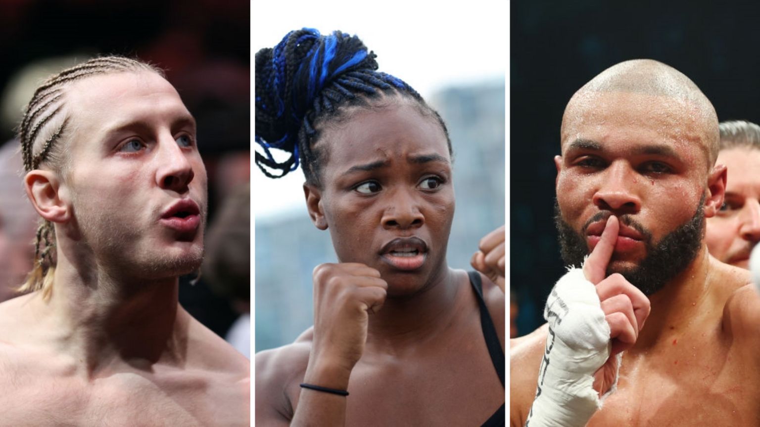 Split image of Paddy Pimblett, Claressa Shields and Chris Eubank Jr