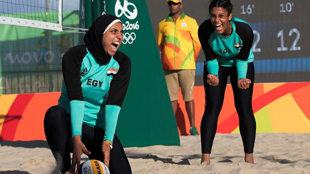 Doaa Elghobashy playing beach volleyball for Egypt at the Rio 2016 Olympic Games