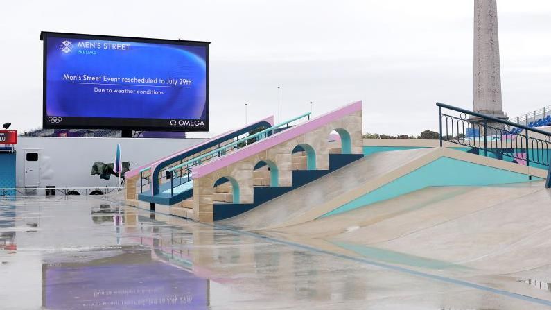 Puddles at the street skateboarding venue for the Paris 2024 after rain forced postponement of Saturday's event to Monday