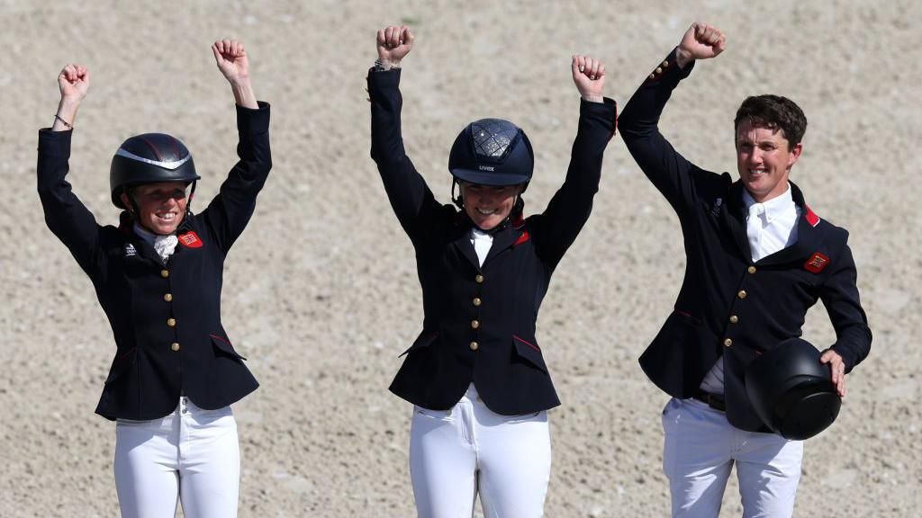 GB's team eventing gold medallists Rosalind Canter, Laura Collett and Tom McEwen