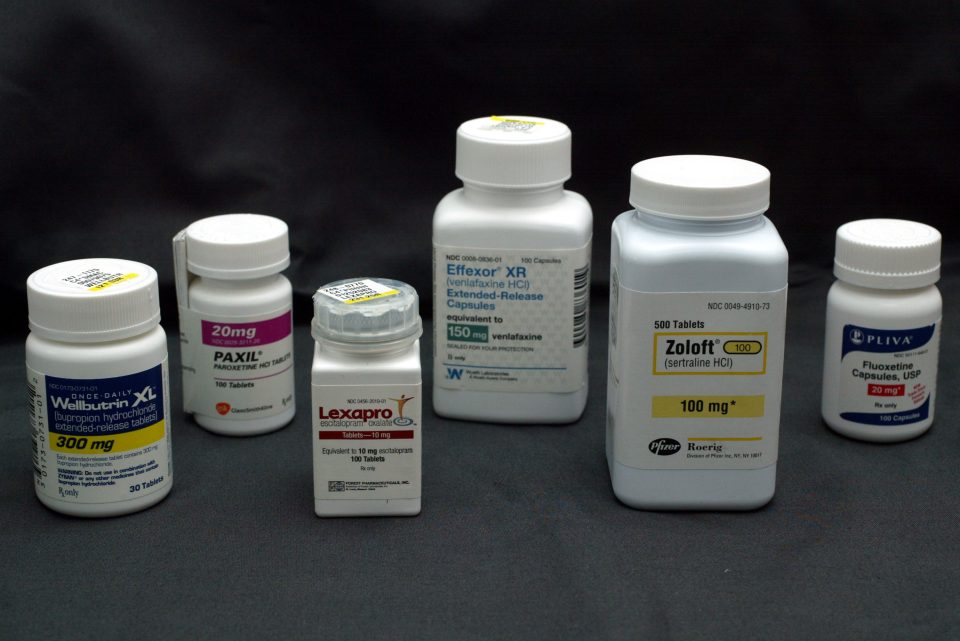 Bottles of antidepressant pills (left to right) bupropion (Wellbutrin), paroxetine (Paxil), escitalopram (Lexapro), venlafaxine (Effexor), sertraline (Zoloft), and fluoxetine (Prozac) are shown Tuesday, March 23, 2004, photographed in Miami.