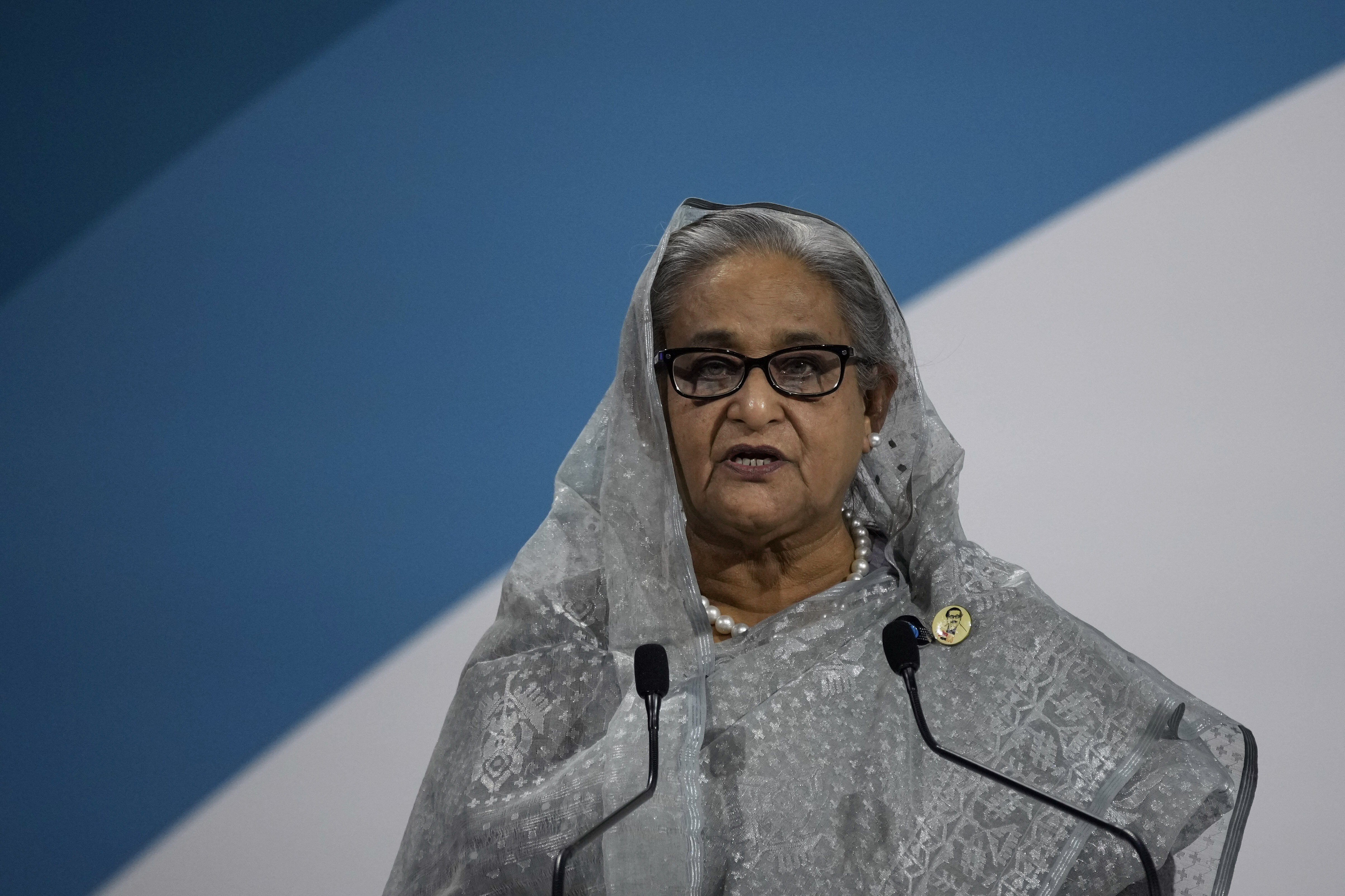 Sheikh Hasina delivers a speech during the Paris Peace Forum, in Paris, on Nov. 11, 2021. Protesters stormed Hasina’s official residence on Monday, Aug. 5, 2024.