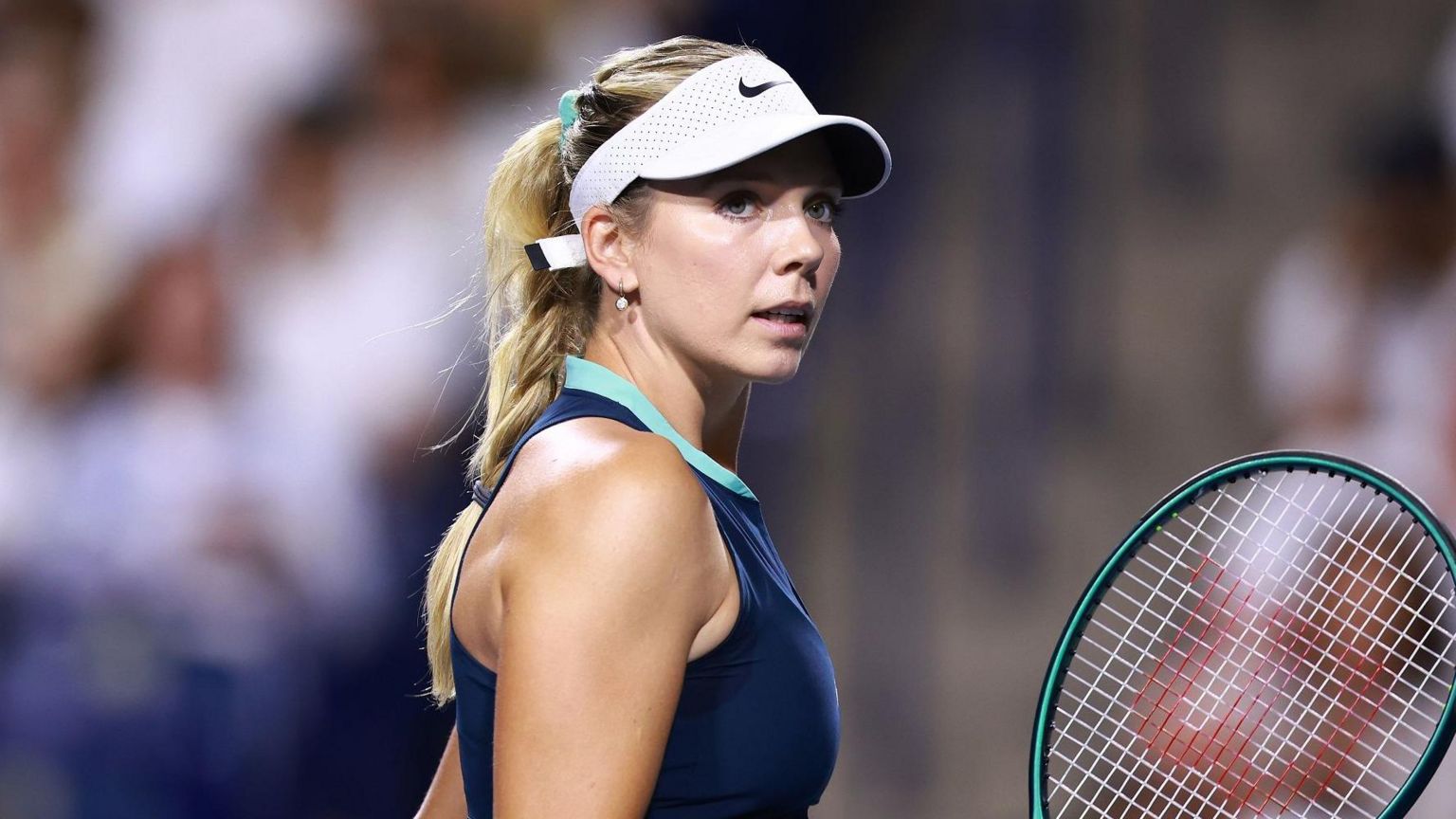 Katie Boulter has a stern look after losing a point during her match to Aryna Sabalenka