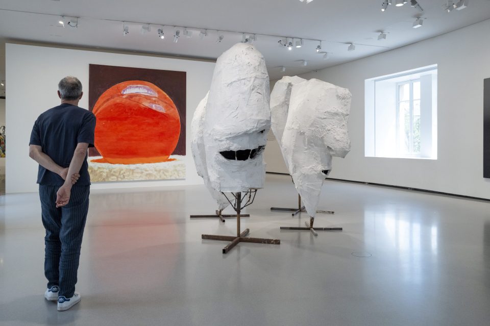 PARIS, FRANCE - JULY 19: Works by Franz West, Lemurenköpfe (1992) and Luc Tuymans, Eternity, 2021, are displayed during the Exhibition Le Monde Comme Il Va Exhibition At Bourse De Commerce Pinault Collection on July 19, 2024 in Paris, France (Photo by Luc Castel/GettyImages)