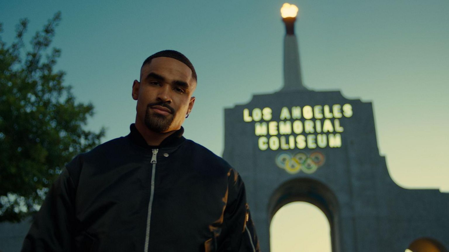 Jalen Hurts in an NFL promotion for Olympic flag football at the Los Angeles Memorial Coliseum