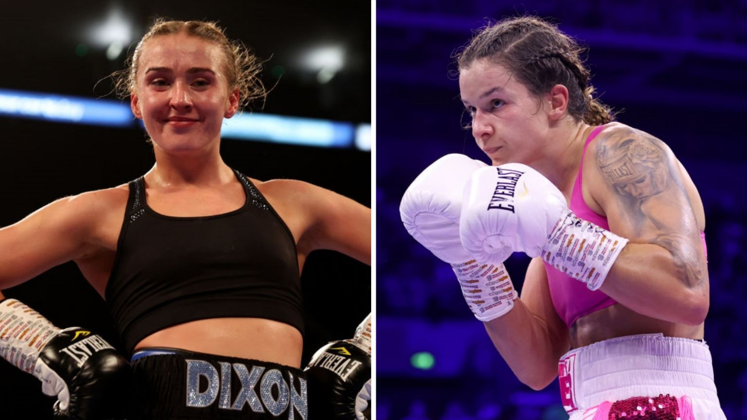 Split image of Rhiannon Dixon smiling after a win and Terri Harper in action in the ring