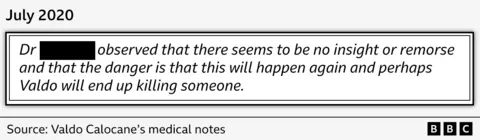 A graphic showing a pull-quote from Valdo Calocane's medical notes saying: "Dr [NAME REDACTED] observed that there seems to be no insight or remorse and that the danger is that this will happen again and perhaps Valdo will end up killing someone."