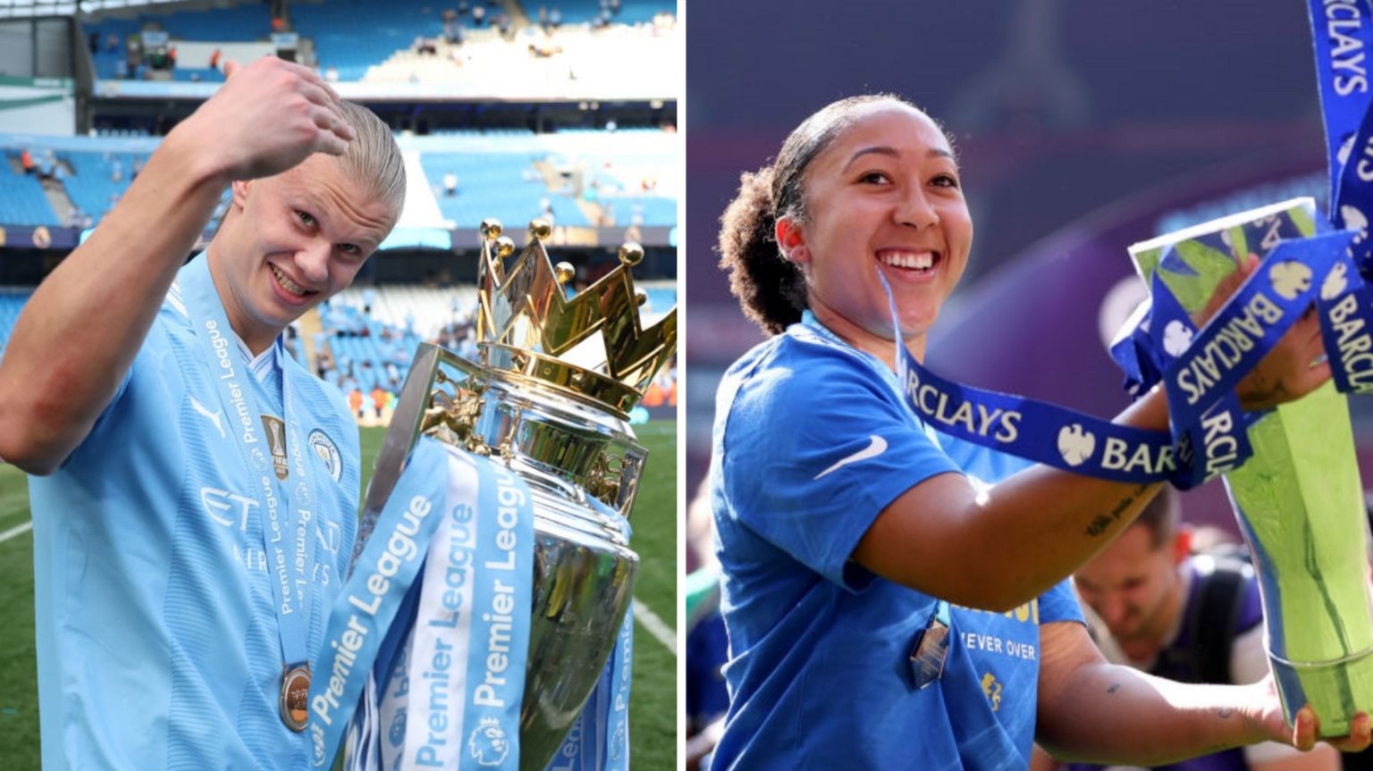 Composite picture of Manchester City's Erling Haaland and Chelsea's Lauren James with both holding their respective league trophies