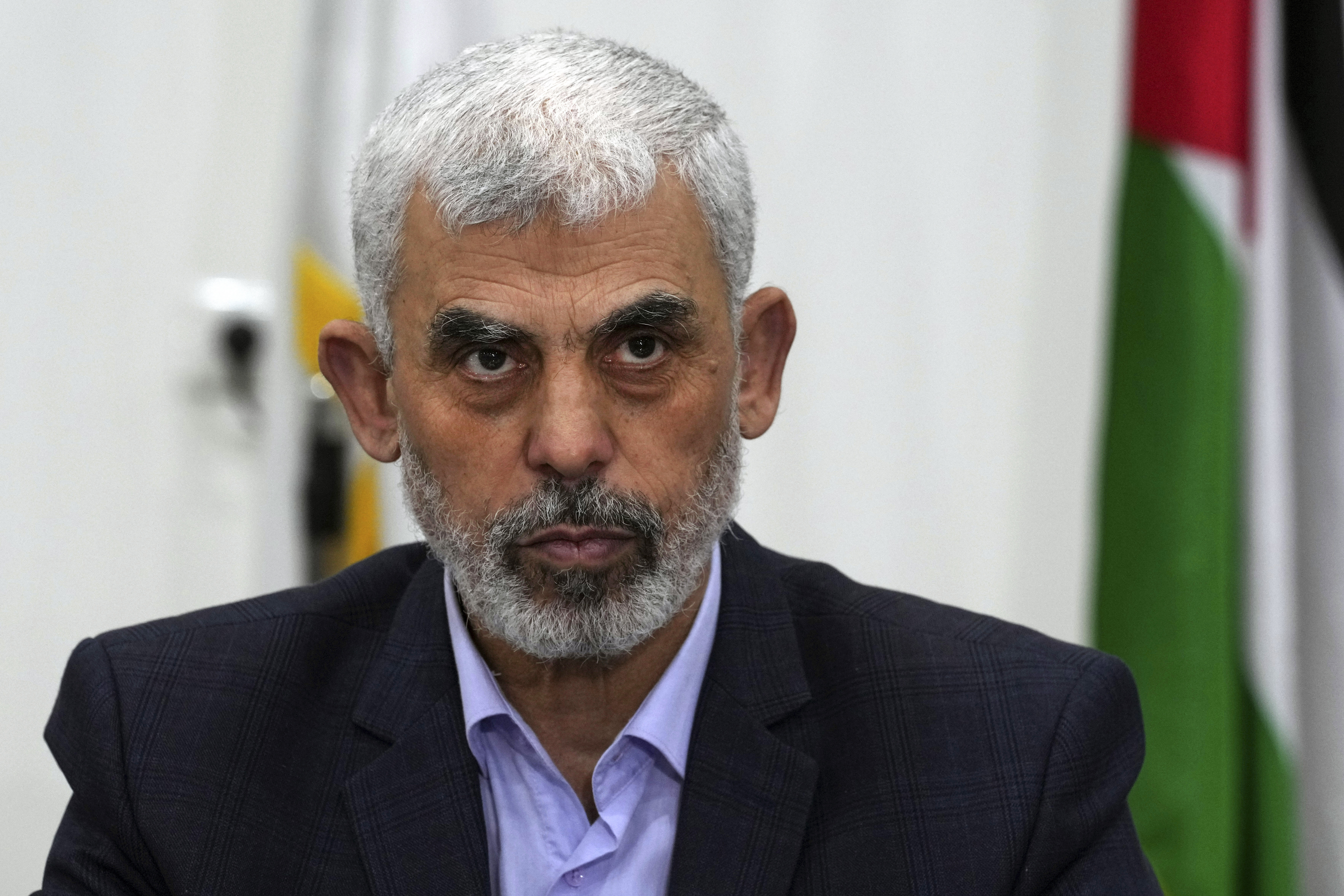 Yahya Sinwar chairs a meeting with leaders of Palestinian factions at his office in Gaza City, on April 13, 2022.