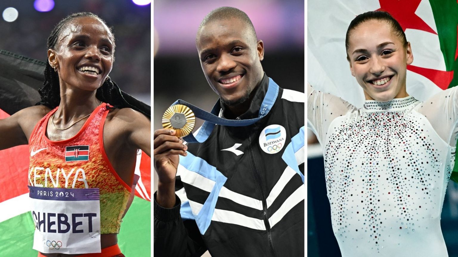 Beatrice Chebet, Letsile Tebogo and Kaylia Nemour celebrate Olympic victory, with Tebogo holding up his gold medal and the women holding up flags