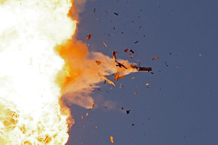 TOPSHOT - This photo taken from a position in northern Israel shows a Hezbollah UAV intercepted by Israeli air forces over north Israel on August 25, 2024. The Israeli military announced early August 25, 2024 that it was conducting pre-emptive strikes in Lebanon after detecting preparations for "large-scale" attacks by the Iran-backed militant group Hezbollah. Hezbollah said it had launched more than 320 rockets at Israel overnight, targeting a string of military positions, even as Israel's military said it was carrying out pre-emptive strikes against the group. (Photo by Jalaa MAREY / AFP) (Photo by JALAA MAREY/AFP via Getty Images)