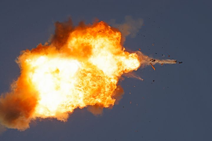 This photo taken from a position in northern Israel shows a Hezbollah UAV intercepted by Israeli air forces over north Israel on August 25, 2024. (Photo by Jalaa MAREY / AFP) (Photo by JALAA MAREY/AFP via Getty Images)