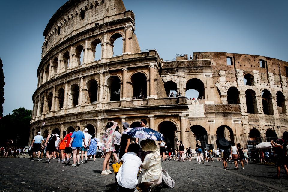 Tourists are visiting the Colosseum area