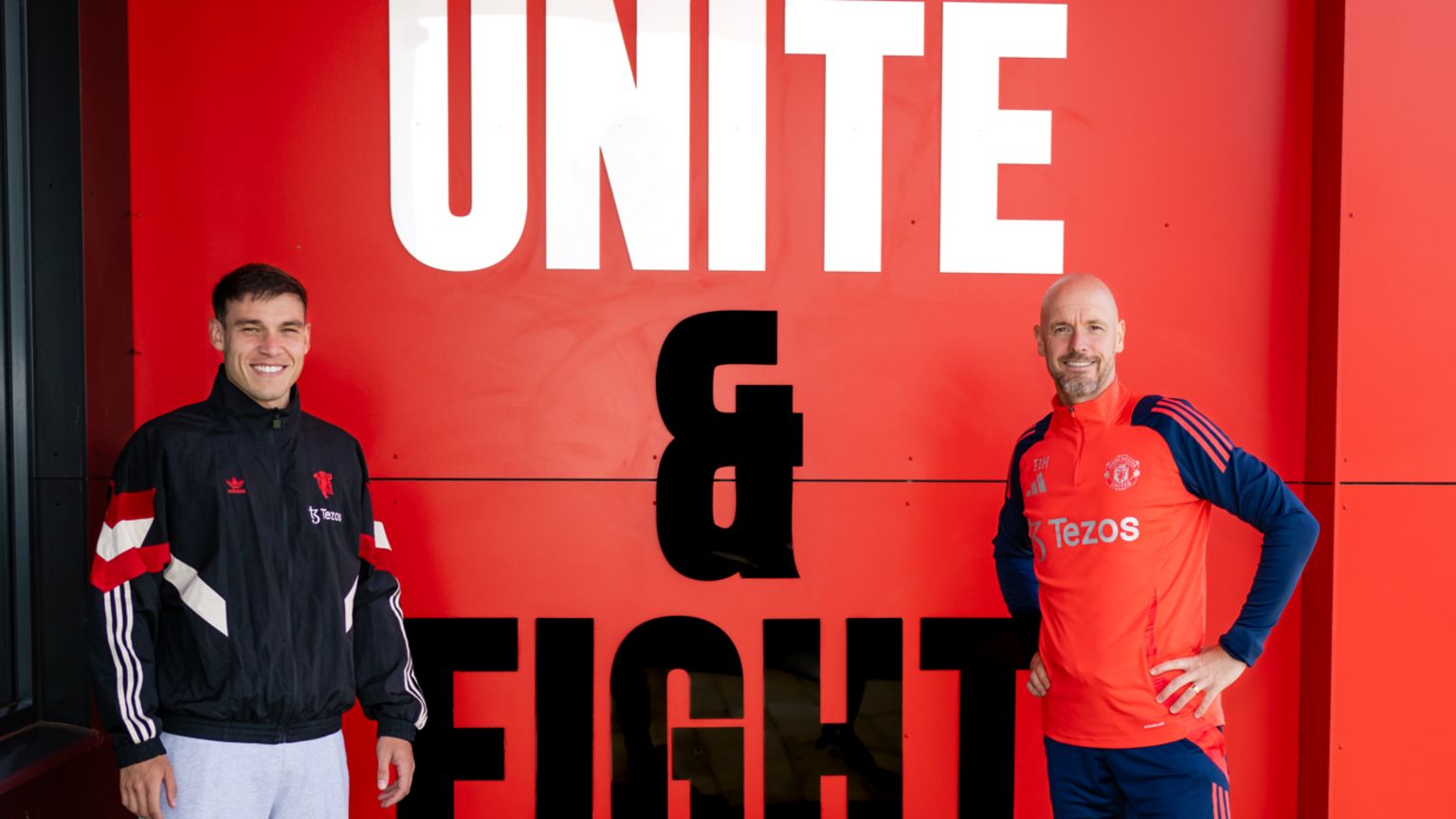 Manuel Ugarte with Manchester United manager Erik ten Hag