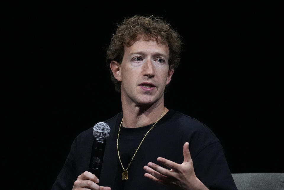 Mark Zuckerberg, chief executive officer of Meta, makes a point during an appearance at SIGGRAPH 2024, the premier conference on computer graphics and interactive techniques, Monday, July 29, 2024, in the Colorado Convention Center in downtown Denver. (AP Photo/David Zalubowski)