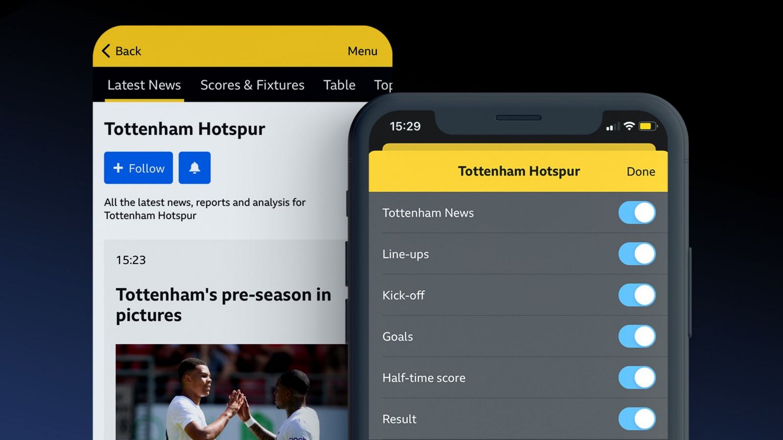 A graphic showing screengrabs of Tottenham's page and notifications menu in the BBC Sport app