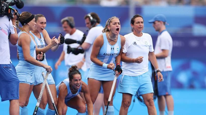 Argentina celebrate after beating Belgium in the Olympic women's hockey bronze medal match