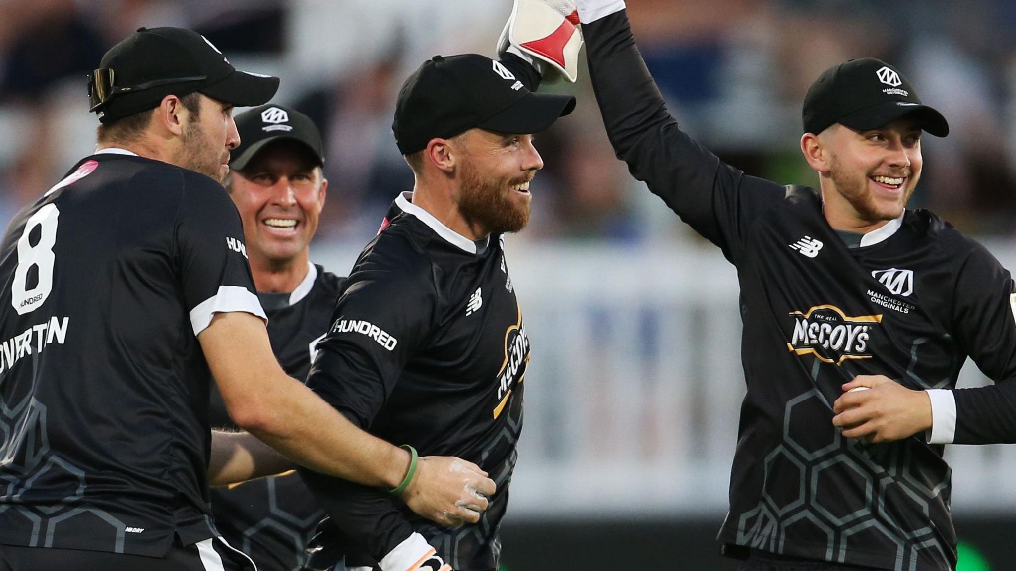 Manchester Originals players celebrate a wicket