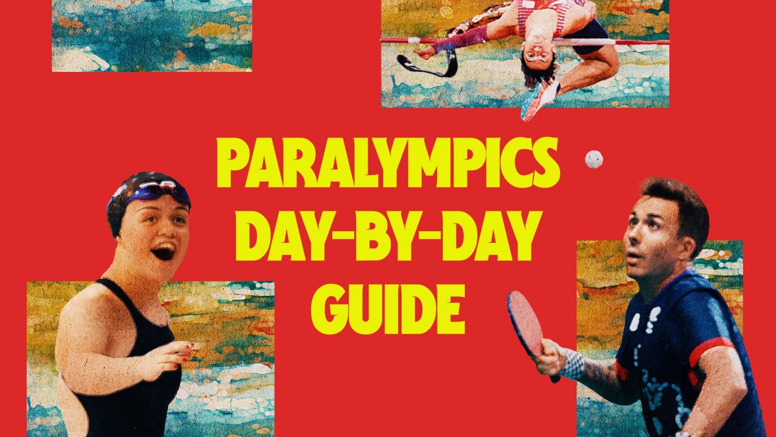 Paralympics day-by-day guide graphic featuring images of high jumper Ezra Frech, swimmer Maisie Summers-Newton and table tennis player Will Bayley