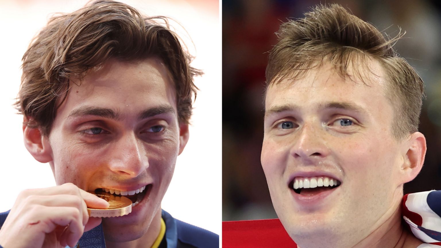 Armand Duplantis bites his gold medal while Karsten Warholm smiles with the Norway flag draped around him at Paris 2024