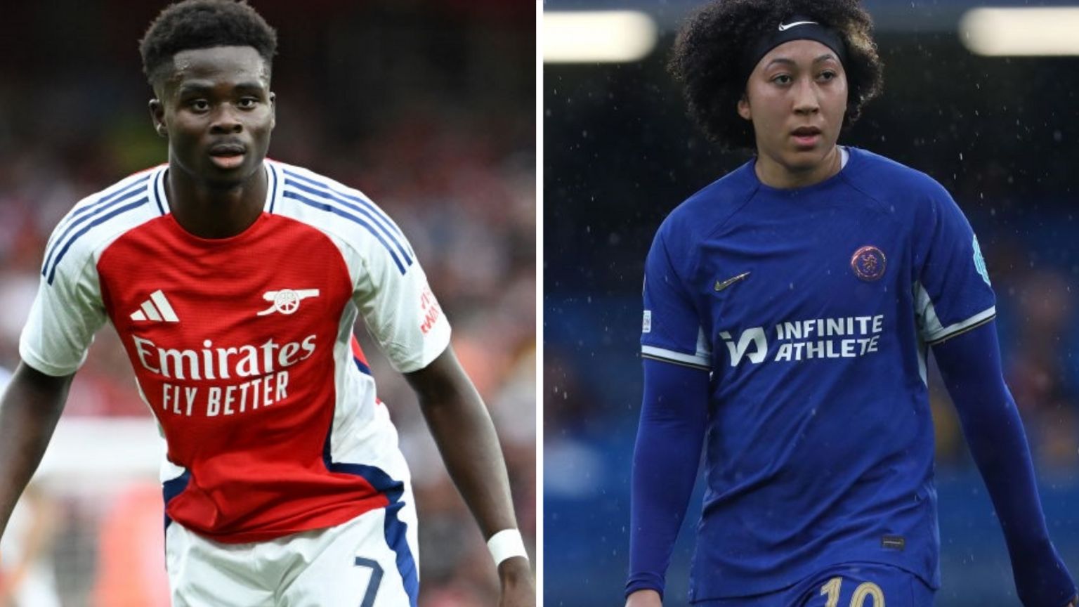 Bukayo Saka and Lauren James in Arsenal and Chelsea kits