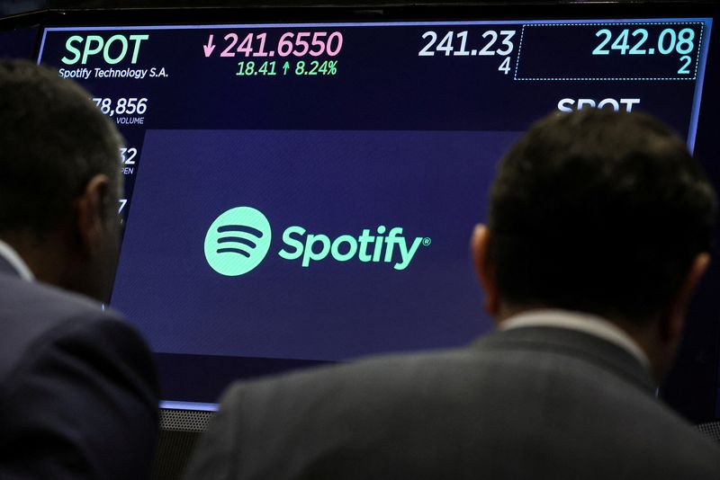 © Reuters. A screen displays the logo and trading information for Spotify on the floor at the New York Stock Exchange (NYSE) in New York City, U.S., February 6, 2024. REUTERS/Brendan McDermid/File Photo