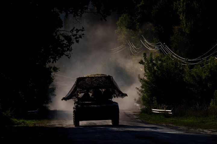 A Ukrainian armoured military vehicle travels near the Russian-Ukrainian border, Sumy region, Ukraine, on Aug. 14, 2024.