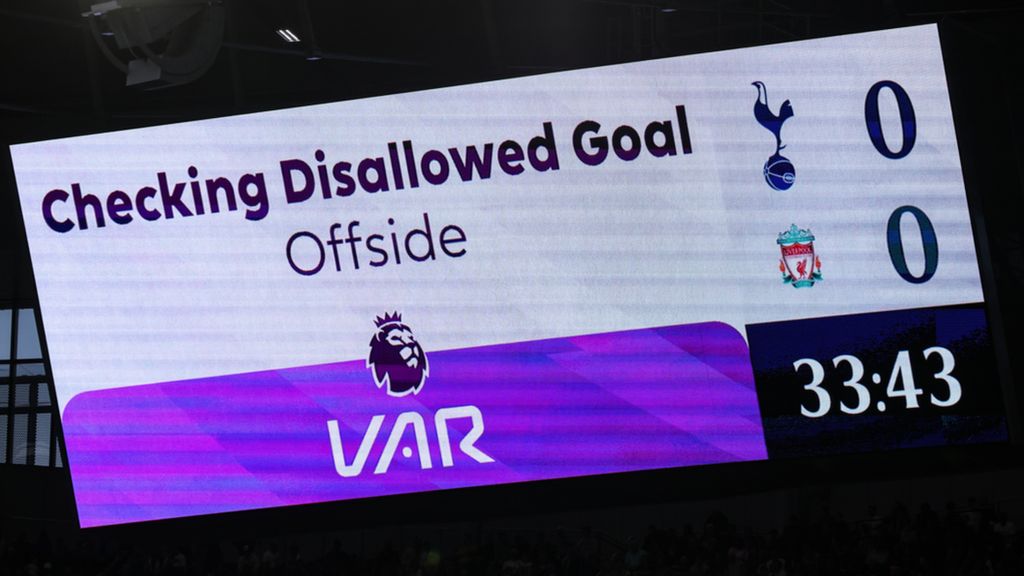 The big screen at Tottenham Hotspur Stadium showing a message that a goal has been disallowed during Tottenham's game with Liverpool