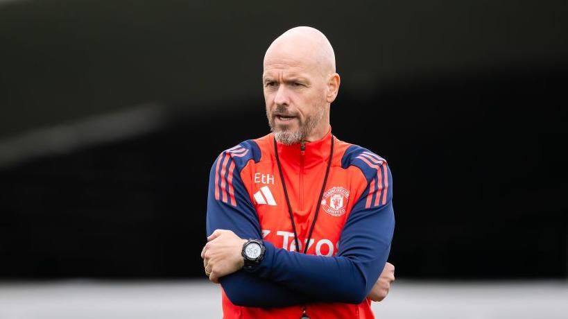 Manchester United boss Erik ten Hag looks on during training