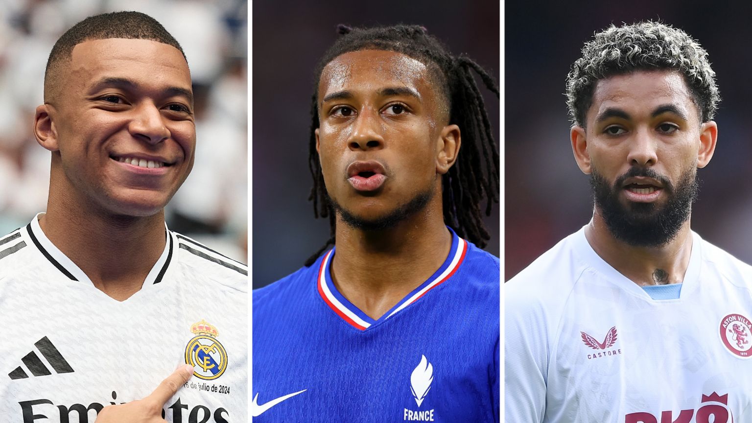 A split picture of Kylian Mbappe, Michael Olise and Douglas Luiz