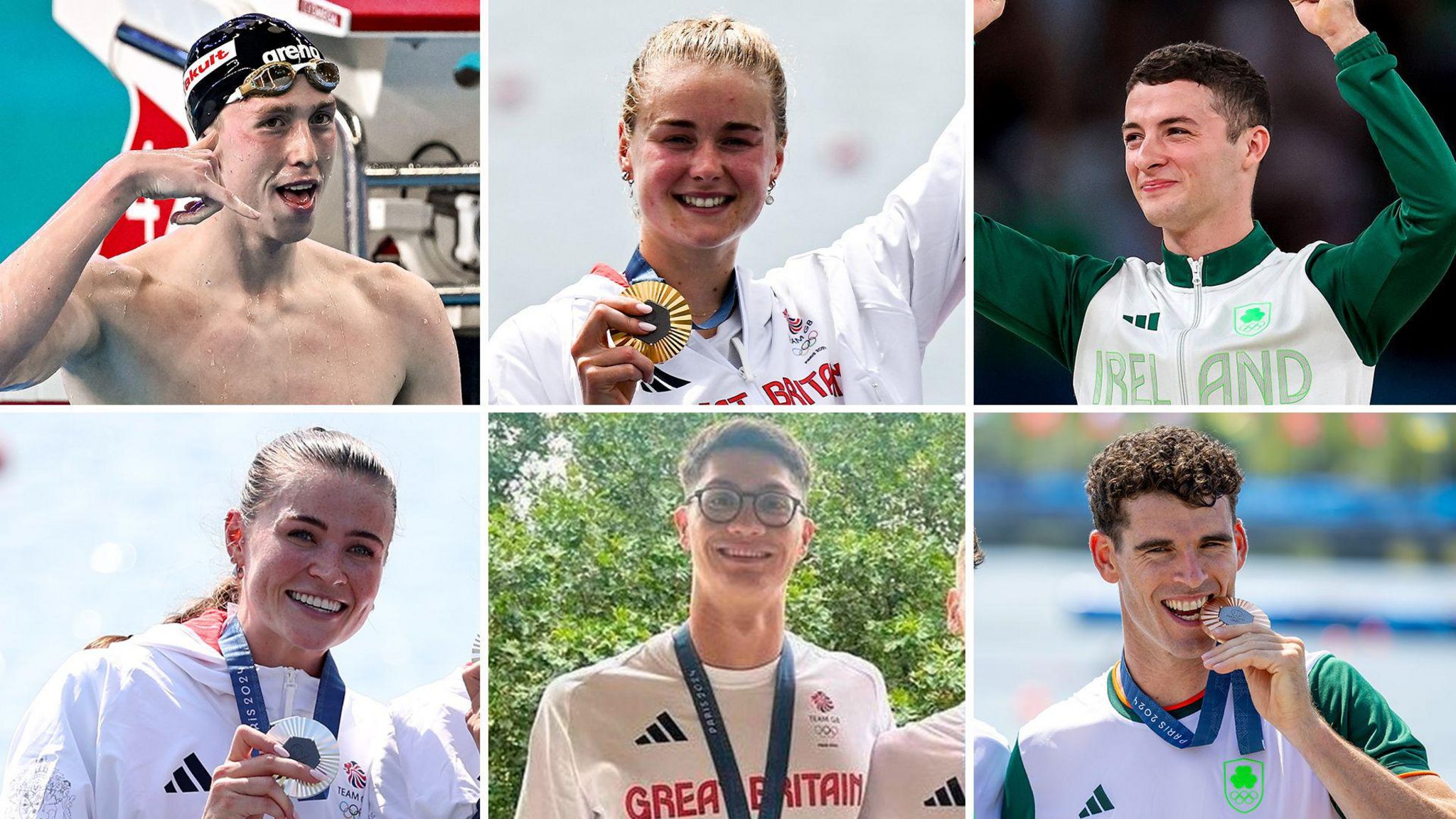 Daniel Wiffen, Hannah Scott, Rhys McClenaghan, Rebecca Shorten, Jack McMillan and Philip Doyle pose with their medals