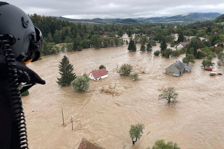 This handout photo provided by the Polish fire department, shows a flooded area near the Nysa Klodzka river in Nysa, Poland on Sept. 16, 2024.