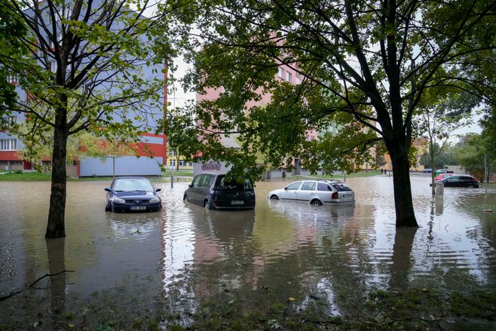 Vehicles are partially covered by water during floods in Ostrava, Czech Republic, on Sept. 16, 2024.