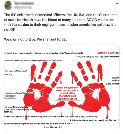 Tweet saying: "The IPC cell, the chief medical officers, the UKHSA, and the secretaries of state for health have the blood of many innocent Covid victims on their hands."