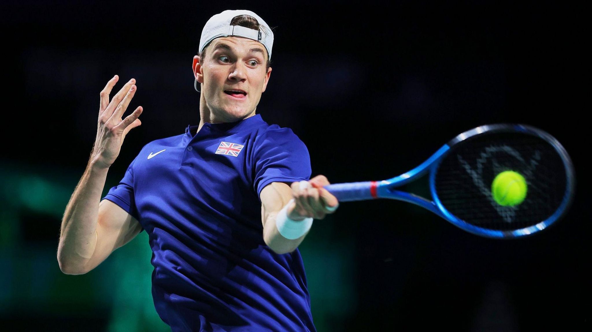 Jack Draper plays a forehand during a Davis Cup tie