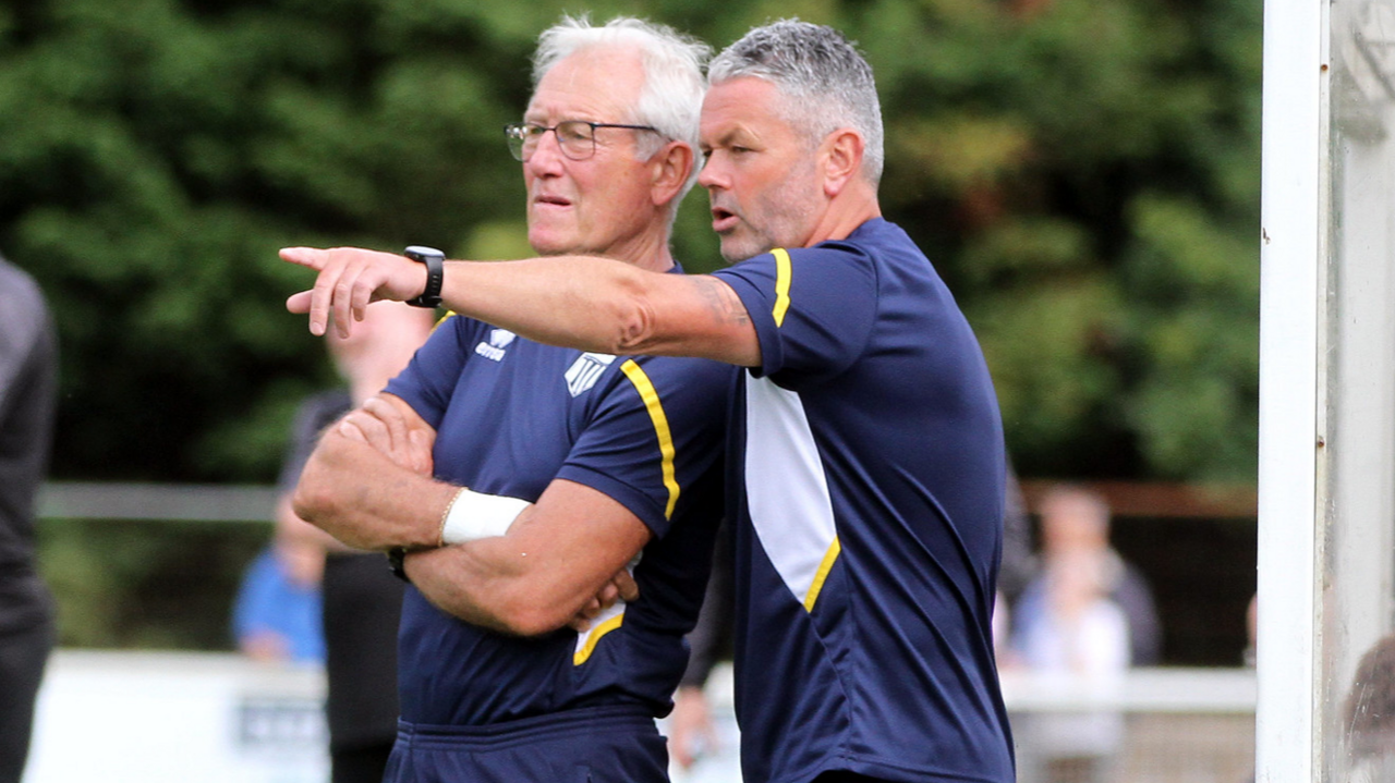 Jim Barron (left) and Jerry Gill during a Bath City game