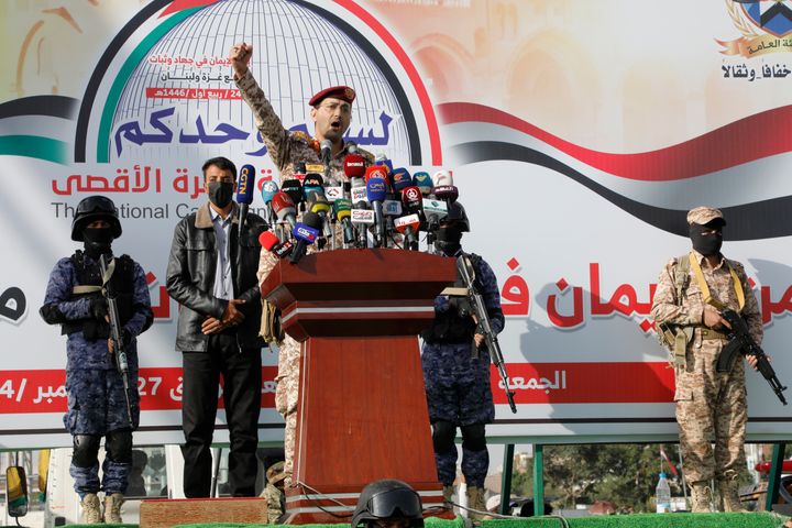 Houthi military spokesman Yahya Saree speaks during a rally against the U.S. and Israel in Sanaa, Yemen, on Friday, Sept. 27, 2024.