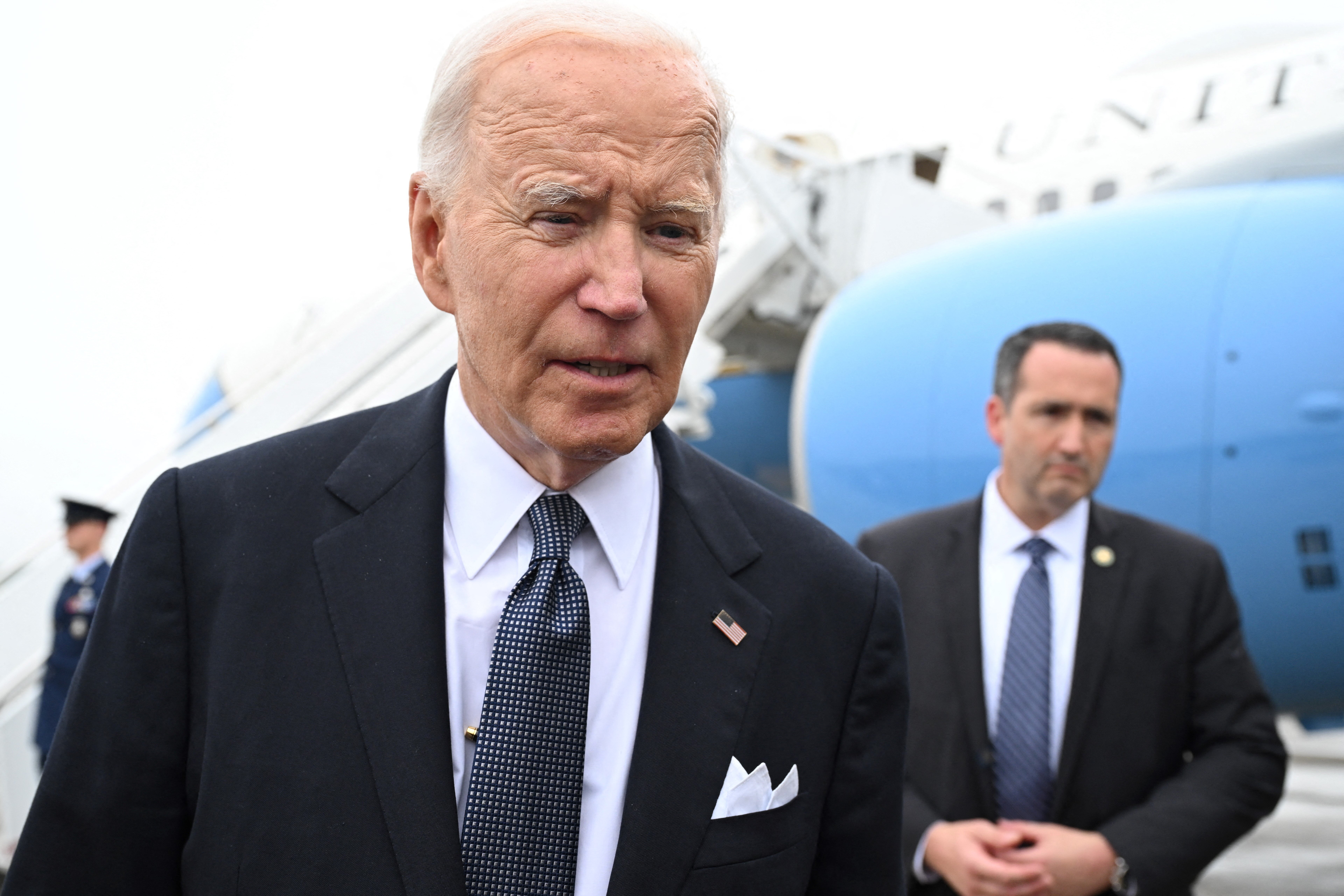 U.S. President Joe Biden disembarks from Air Force One upon arrival at Dover Air Force Base in Dover, Delaware, on September 27, 2024 as he travels to Rehoboth Beach, Delaware, for the weekend. (Photo by SAUL LOEB/AFP via Getty Images)