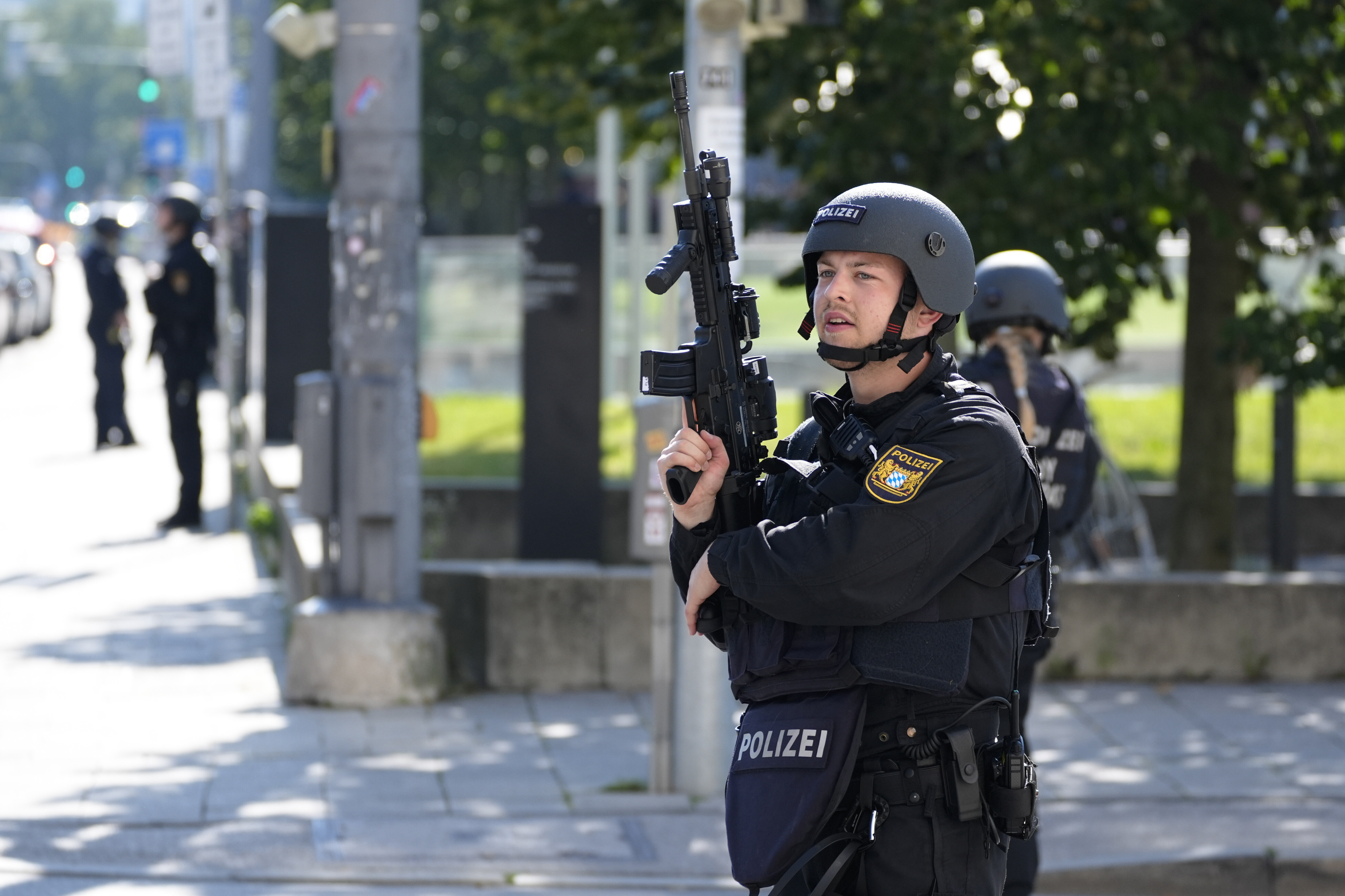 Police officers patrol near a scene after police fired shots at a suspicious person near the Israeli Consulate and a museum on the city's Nazi-era history in Munich, Germany, on Sept. 5, 2024.