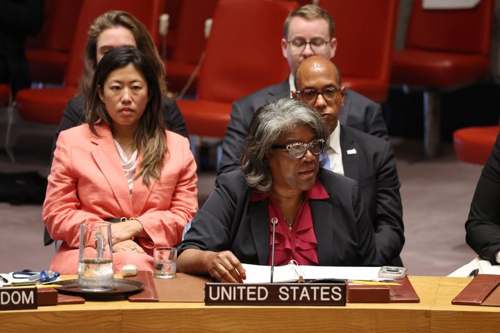 Linda Thomas-Greenfield, United States ambassador to the United Nations, speaks during a U.N. Security Council meeting on the situation in the Middle East on Monday in New York City. The U.N. General Assembly voted in favor of a resolution demanding Israel urgently end its decades-long occupation of Palestinian lands.