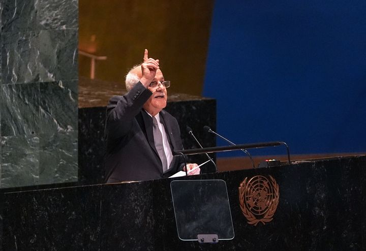 Riyad Mansour, Permanent Observer of Palestine to the United Nations speaks to the U.N. General Assembly in New York on Tuesday. The world body voted in favor of a resolution demanding that Israel urgently end its occupation of Palestinian territories.