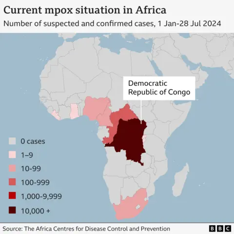 Map showing the spread of mpox across Africa since the start of 2024