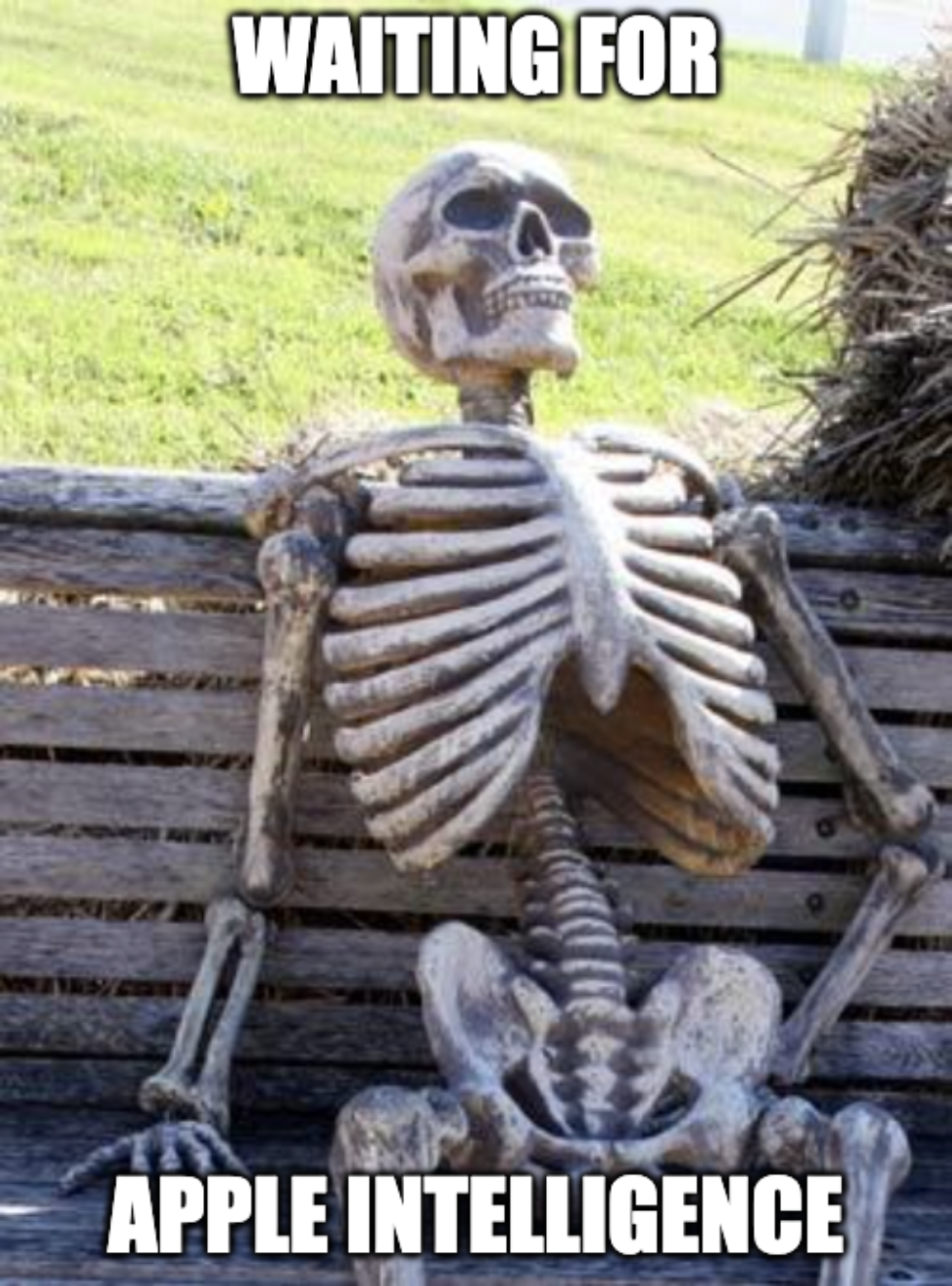 A meme of a skeleton sitting on a bench with the caption, "Waiting for Apple Intelligence."